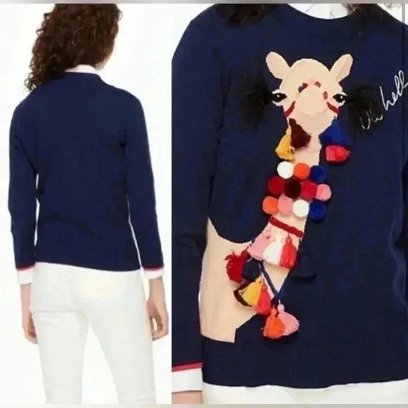 Kate Spade OH Hello Camel Sweater Cashmere Cotton M Embellished Pom Pom Crewneck - Picture 2 of 8